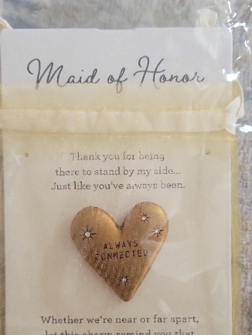 NWT Gold Token 'Always Connected' Heart Maid of Honor Charm With Keepsake Bag.